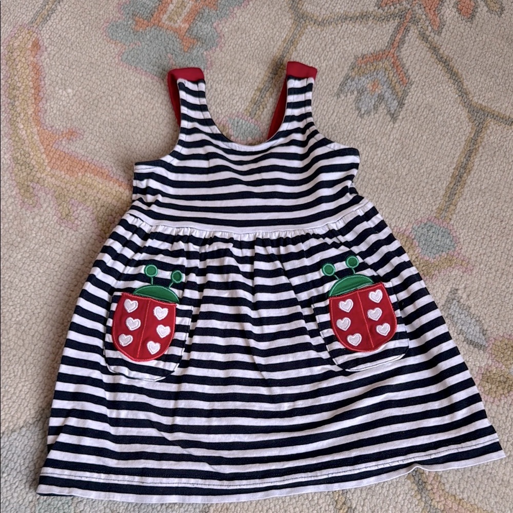 Striped Black and White Kids Dress with Ladybug Heart Pockets EUC 18m